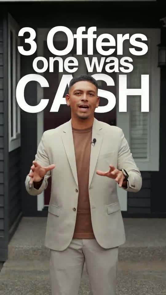 Isaac Ortiz outside a home he sold, with the caption three offers, one was cash